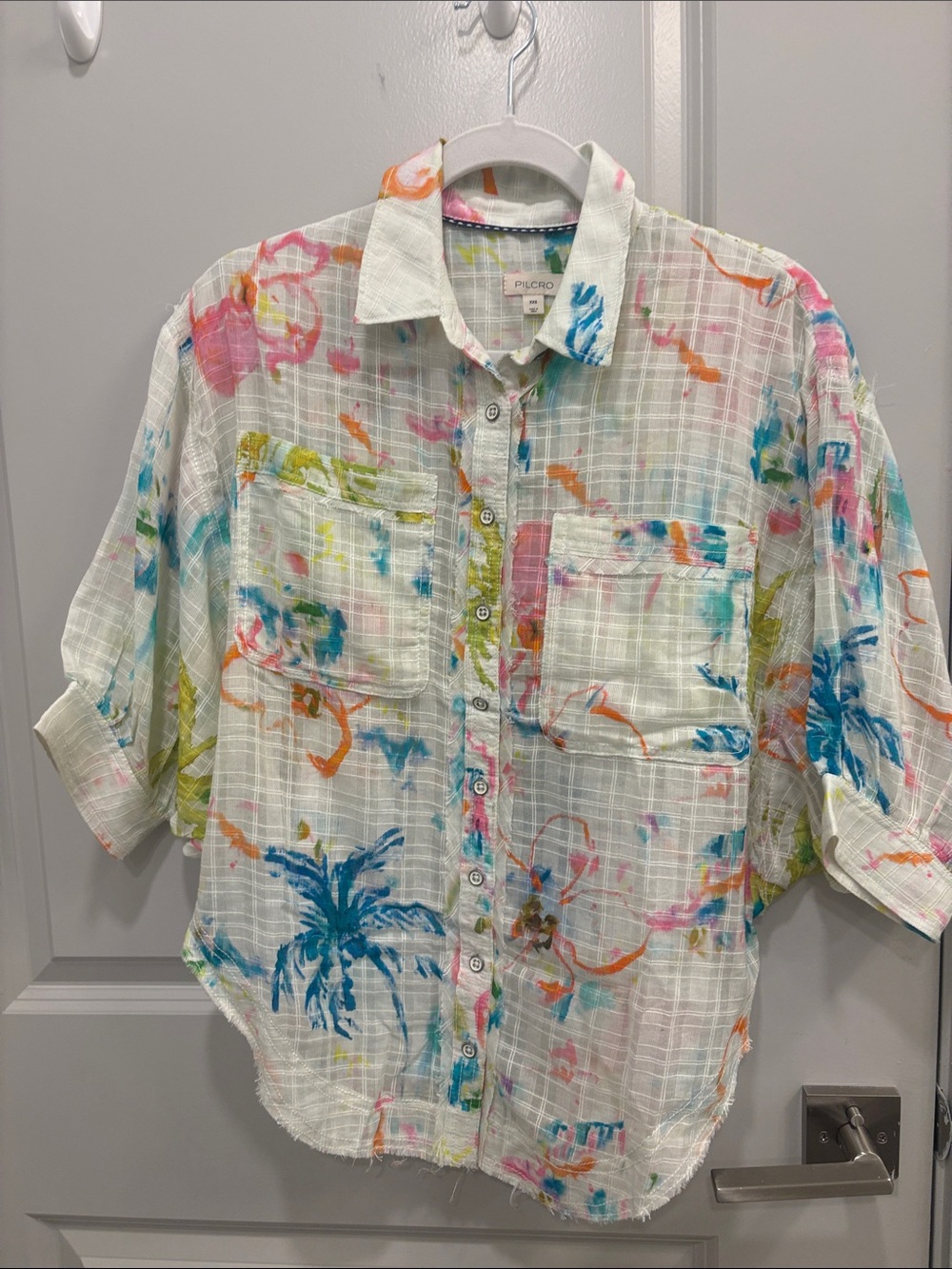 Anthropologie White Multicolor Palm-Print Button-Down Shirt